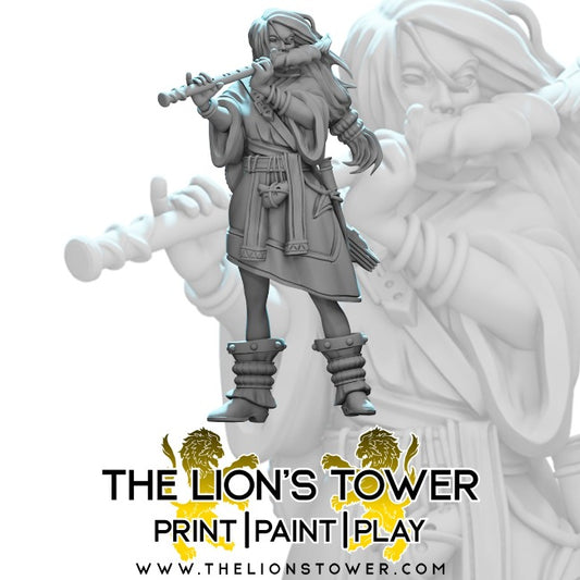 The image is a greyscale render with a pale blue backlight depicting Alfonsa De Arevalo, a human female bard.  The Lion's Tower Logo is depicted at the front centre of the image.