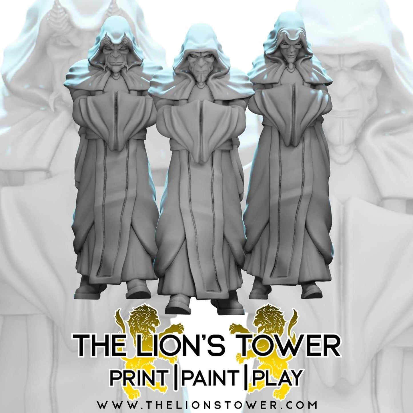 Golden Masked Cultists - Chanting (Set of 3 x 32mm scale resin miniatures with MDF bases)