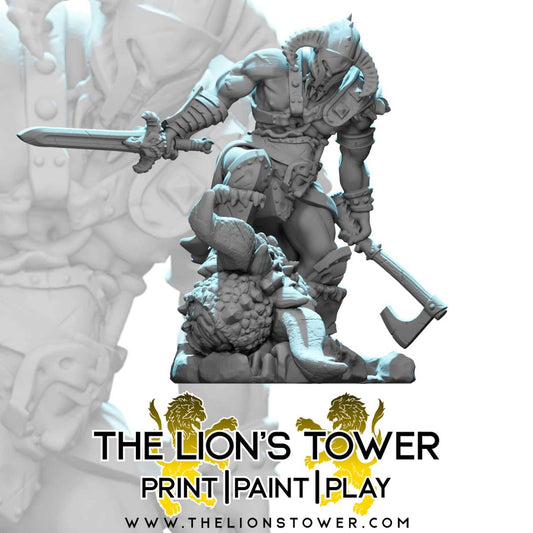 Kalfag, Smiter of Dragons - Barbarian Dragon Slayer (32mm scale resin miniature with MDF base)