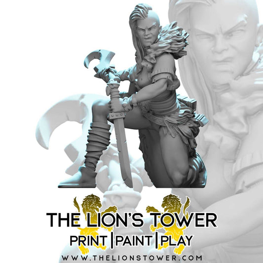 Urthafie - Barbarian Warrior (Crouching) (32mm scale resin miniature with MDF base)