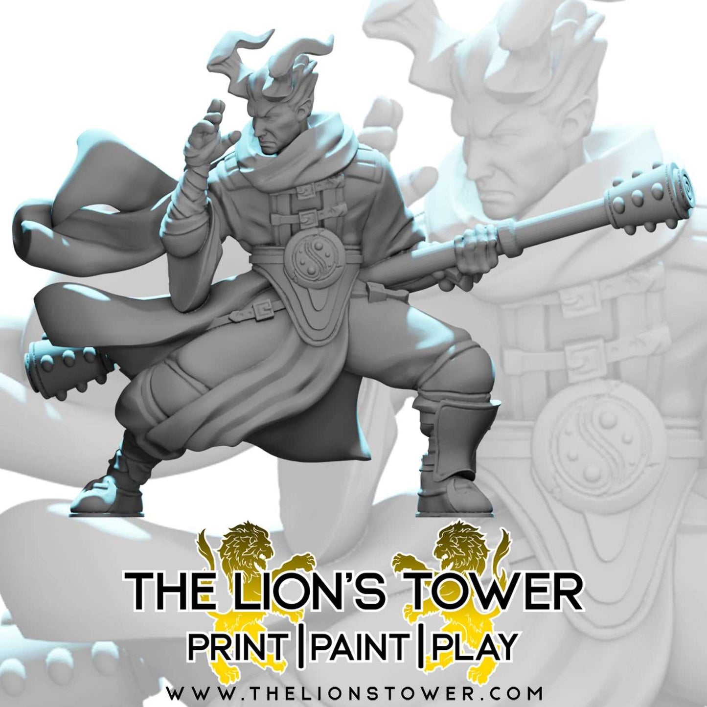 Tiefling Male Monk with Daibo - 32mm scale resin miniature with MDF base)