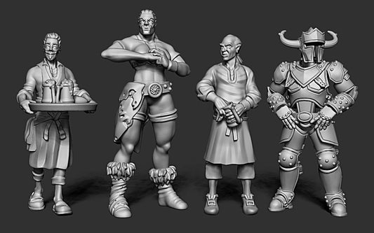Alan Alyth the barkeep, Skoona and Klank the bouncers and a hipster waiter sculpted as part of the Elfsong Tavern release for Baldurs Gate Descent into Avernus