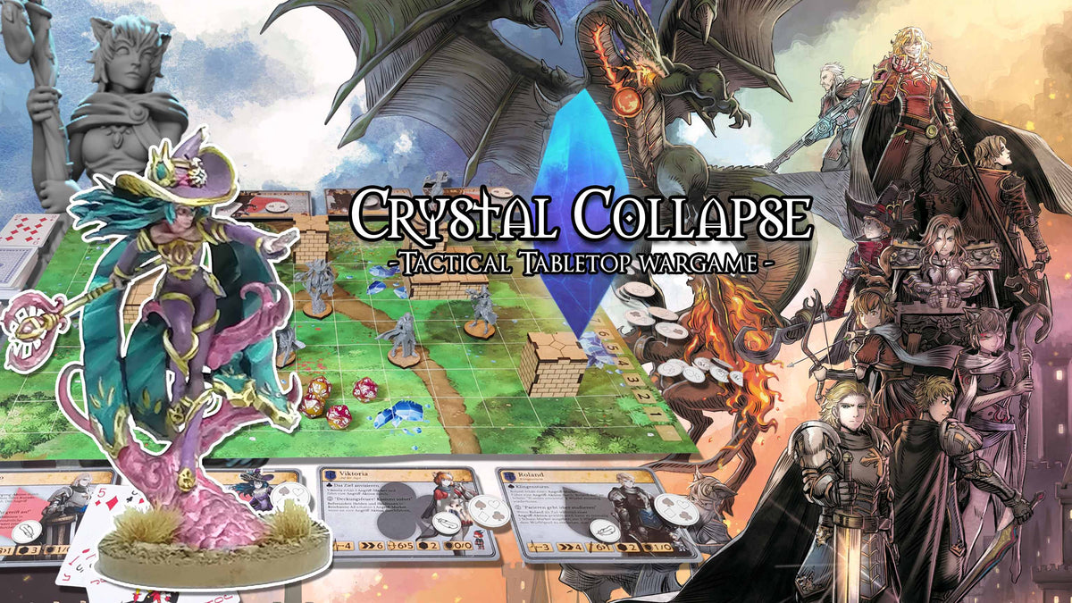 The Lion's Tower flagship game Crystal Collapse — a JRPG/Anime styled tactical tabletop wargame using 40mm scale miniatures. A banner image depicting both cover art, a game board and profile cards, a painted miniature of Lily the mag and a render of Feena the Cystal Prophetess.