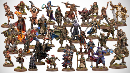 A large collection of painted fantasy tabletop gaming miniatures arranged in rows against a plain light background. The figures include warriors, mages, elves, dwarves, and other adventurers on round bases, with many different colors visible across the set.