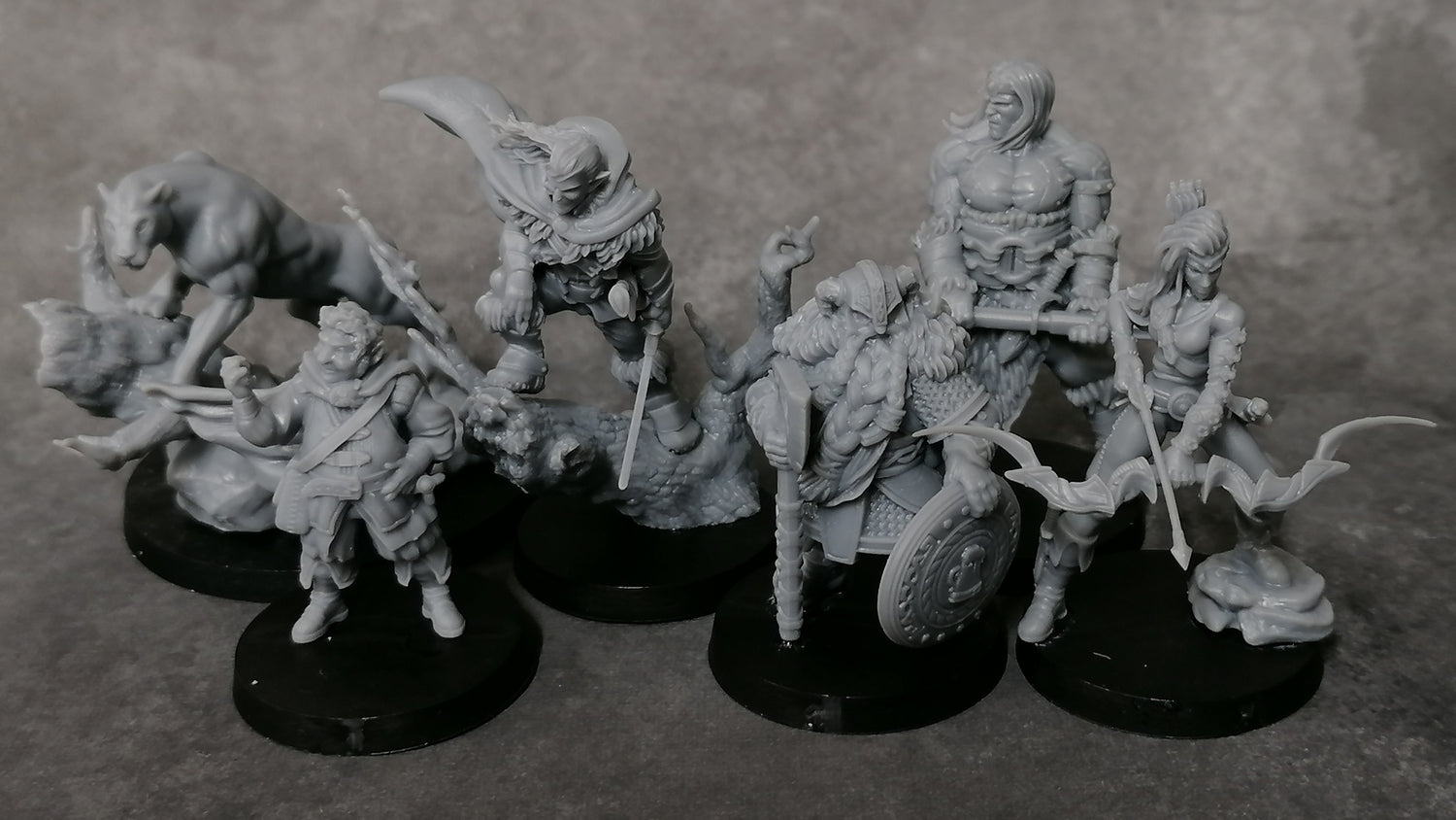 A set of miniatures of the Heroes of the Dale in unpainted resin with support material removed.  The models represent Drizzt Do'Urden, Bruenor Battlehammer, Wulfgar, Regis, Catti-Brie and Guenhwyvar