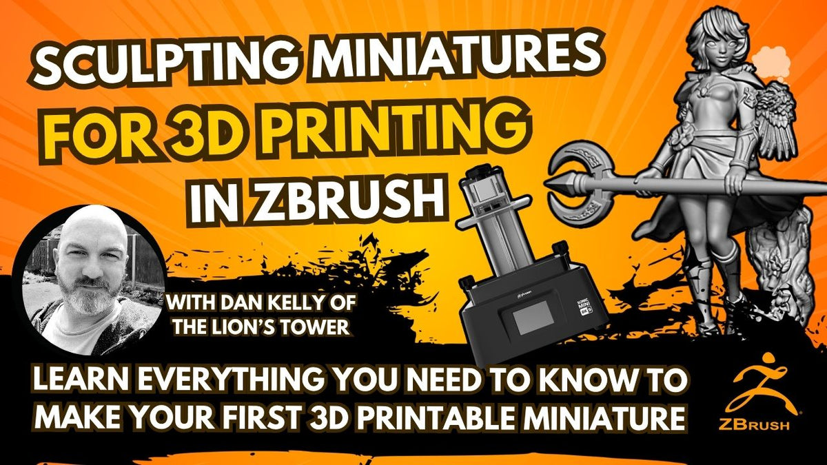 Promotional graphic for a ZBrush tutorial on sculpting miniatures for 3D printing, featuring a warrior figure and ZBrush software.