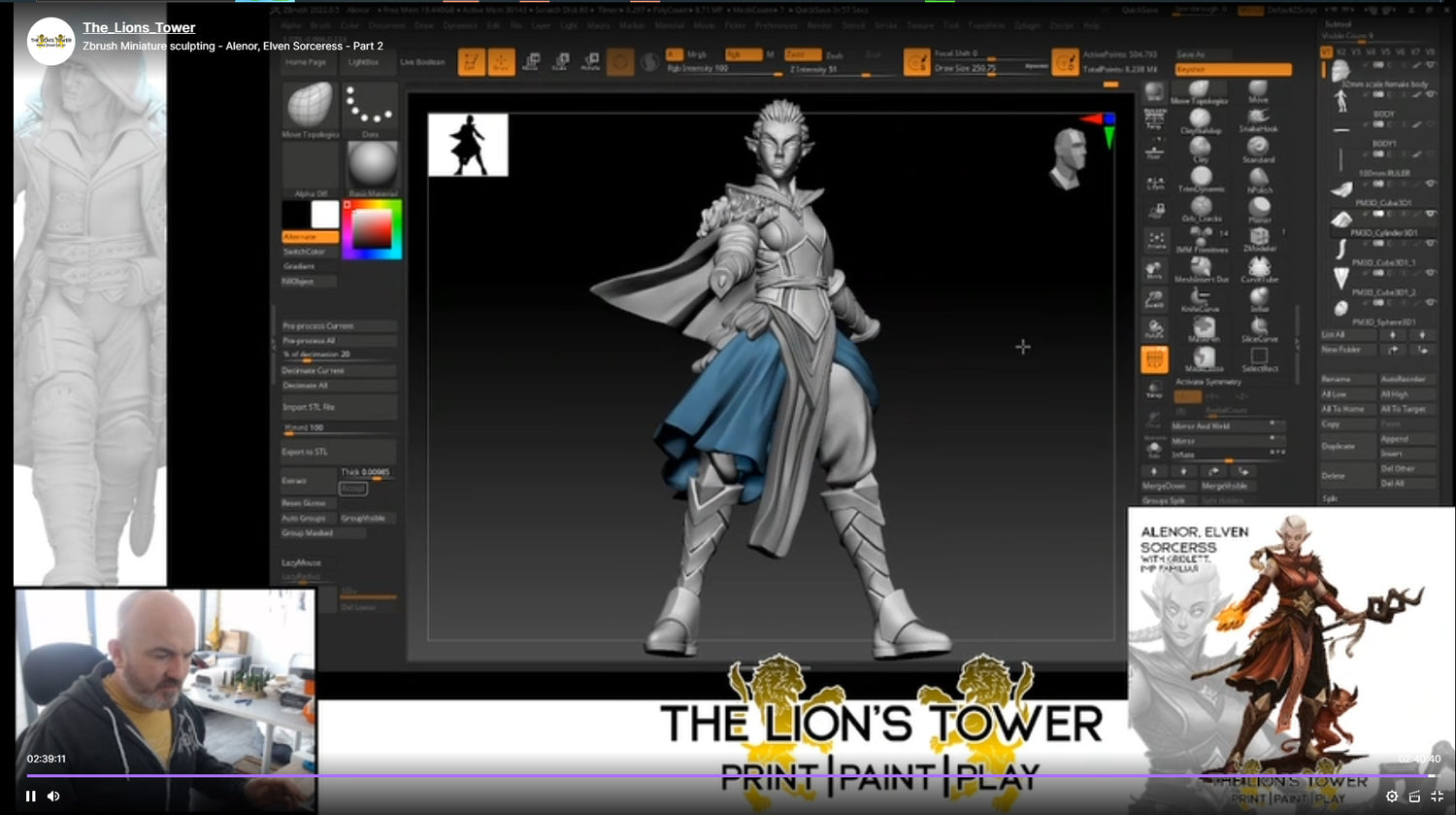 A screen grab of Dan sculpting Alenor the Elven Sorceress live on Twitch
