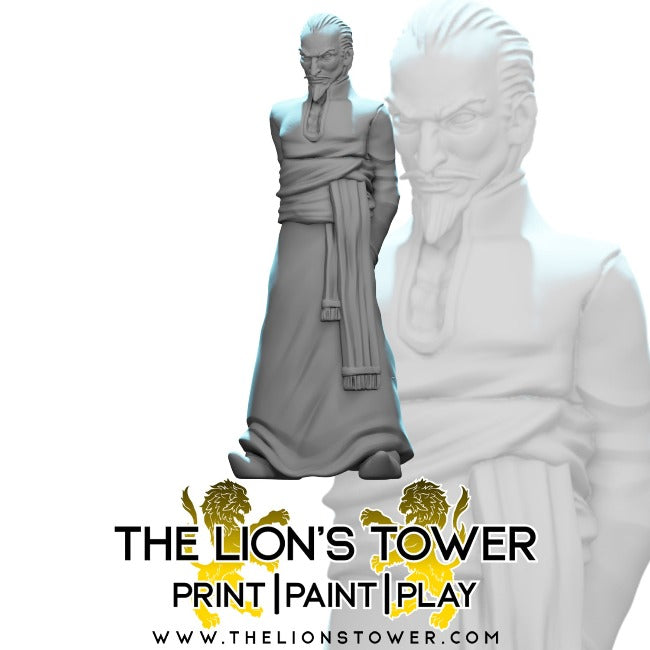 The image is a greyscale render with a pale blue backlight depicting Altair Fask, Human male spy.  The Lion's Tower Logo is depicted at the front centre of the image. 